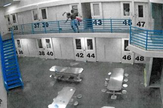 Press Group Sues Riverside County. An inmate throws another detainee to his death over the second-story railing at a Riverside County Jail. Credit: Riverside County Sheriff Dept.