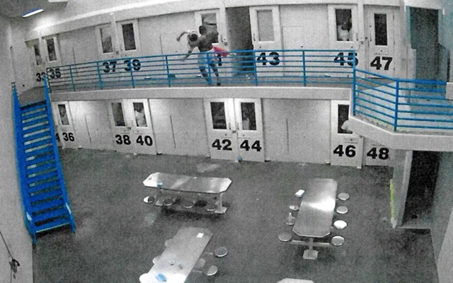 Press Group Sues Riverside County. An inmate throws another detainee to his death over the second-story railing at a Riverside County Jail. Credit: Riverside County Sheriff Dept.