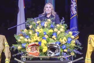 Fallen Riverside County Firefighter Daniel “Danny” Cook’s wife, Joanne, remembered her late husband as having “A servant’s heart…He was incredibly humble about his hard work.” Apparatus Engineer Cook was memorialized on Tuesday at Sunridge Community Church in Temecula. He collapsed on deployment at a garage fire in Nuevo on New Year’s Eve day. He is also survived by six children.