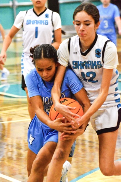 Norco’s Mya Smith (left) and Santiago’s Lauryn Paulo (12) grapple for the ball.