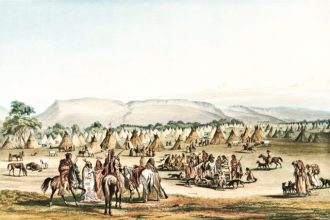 January 23. Piegan Camp by Karl Bodmer, 1853, shows a large Blackfeet summer camp on the Marias River. Prominent in the foreground are warriors or hunters. When Baker’s troops attacked Heavy Runner’s smaller winter camp in January 1870, most warrior-age men were absent from the camp, and nearly everyone else was asleep.