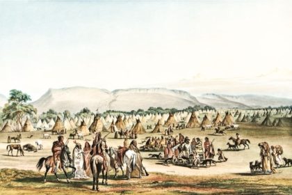 January 23. Piegan Camp by Karl Bodmer, 1853, shows a large Blackfeet summer camp on the Marias River. Prominent in the foreground are warriors or hunters. When Baker’s troops attacked Heavy Runner’s smaller winter camp in January 1870, most warrior-age men were absent from the camp, and nearly everyone else was asleep.