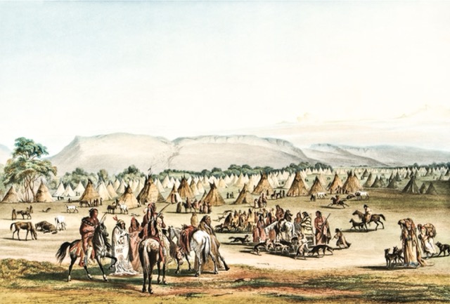 January 23. Piegan Camp by Karl Bodmer, 1853, shows a large Blackfeet summer camp on the Marias River. Prominent in the foreground are warriors or hunters. When Baker’s troops attacked Heavy Runner’s smaller winter camp in January 1870, most warrior-age men were absent from the camp, and nearly everyone else was asleep.