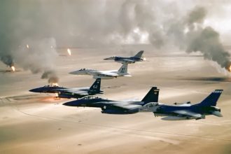 January 16. USAF aircraft of the 4th Fighter Wing (F-16, F-15C and F-15E) fly over Kuwaiti oil fires, set by the retreating Iraqi army during Operation Desert Storm in 1991. Almost the same as Image:USAF F-16A F-15C F-15E Desert Storm pic.jpg save for the size and tint Credit: US Air Force
