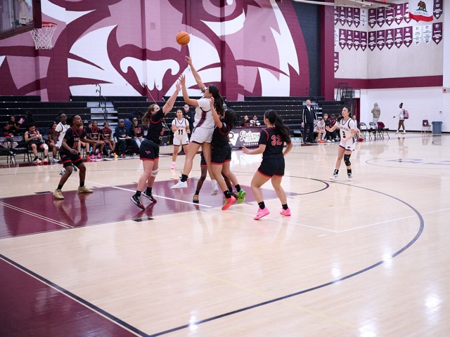 Paloma Valley’s #20 Mianna Bravo goes up with a tough shot while surrounded by a pack of Mustangs players...