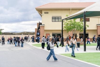 Students walk to class at Orange Vista High School.  Credit: Photo by Kyle Grillot for CalMatters