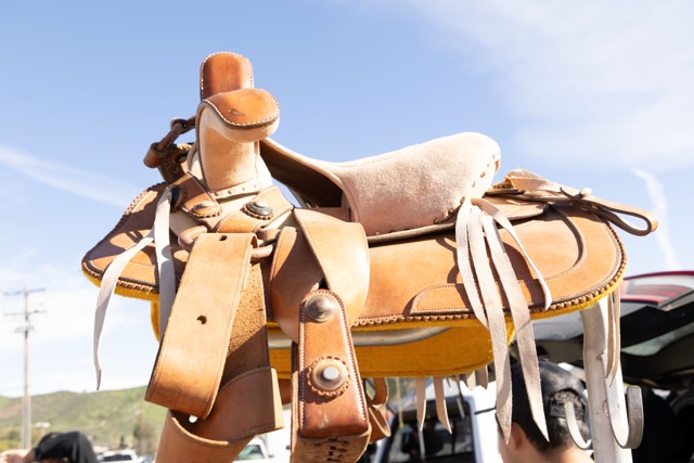 A handmade saddle from Zacatecas Mexico seen for sale at the Winchester swap meet