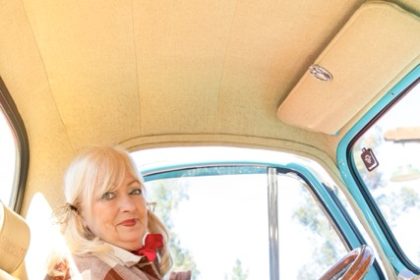 Motte Museum. Linda “Goldie” Meredith bought her blue 55’ Studebaker truck 5 years ago and turned it into her “Chick Truck.” She added thin pink and white hearts above the review, driver, and passenger windows — with a bright pink lipstick kiss placed right behind the driver's seat, “I added that sign,” Goldie said. “When I plug it in, it lights up neon pink.”