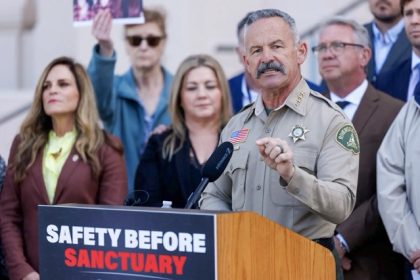 Riverside County Sheriff Chad Bianco speaks at a press conference in support of changing California's 'sanctuary city' law after announcing that he is running for governor of California in 2026, becoming the first major Republican to announce a bid for the office in San Diego, on Feb. 21, 2025.  Credit: Photo by Mike Blake, Reuters