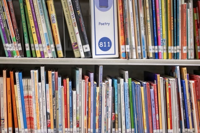 Books sit on shelves in an elementary school library in suburban Atlanta, on Friday, Aug. 18, 2023. AP Photo/Hakim Wright Sr.