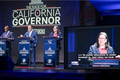 Candidates. From left, California State Superintendent of Public Instruction Tony Thurmond, former Los Angeles Mayor Antonio Villaraigosa and former California State Controller Betty Yee at the California gubernatorial candidate debate in San Francisco on Feb. 3, 2026. 