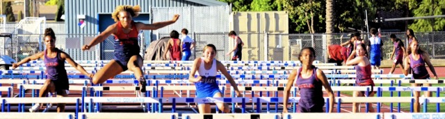 (L-R) King’s Carli Collins 18:88, Vanessa Hope 17.60, Norco’s Audrina Ponce 17:34, Zaina Vaughn 16:23, Bella Bruno, and Skyelar Johnson fill the field in the Girls 100-meter hurdles.
