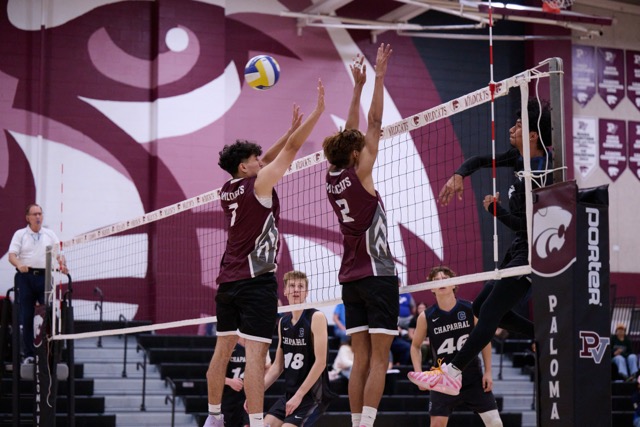 Paloma Valley’s # 2 Erick Fernando and #7 Tino Lam Yuen set the wall to try and stop the spike from Chaparral