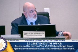 Budget Deficit. Riverside County CEO Jeff Van Wagenen speaks about the county budget on Tuesday, March 10. 