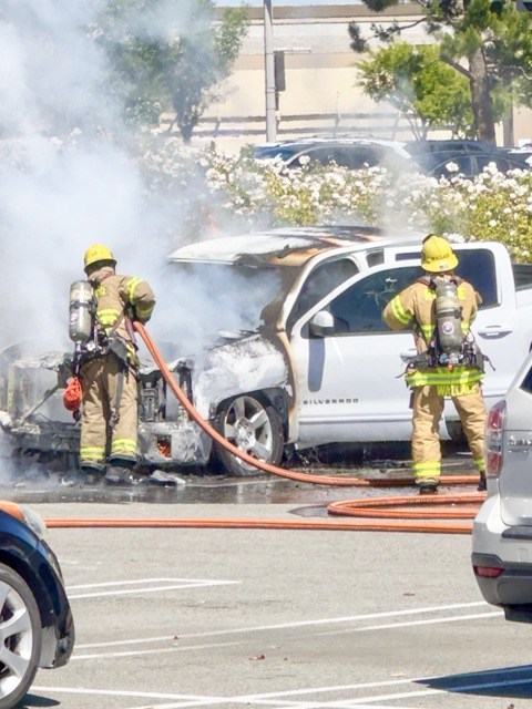 Firefighters from Riverside County Fire/CalFire and Temecula FD in addition to the Riverside County Sheriff’s Dept. respond to a pickup truck on fire in front of Shakey’s Pizza in Temecula on Sunday May 10.
Photo: Photo by Lisa Zambrano