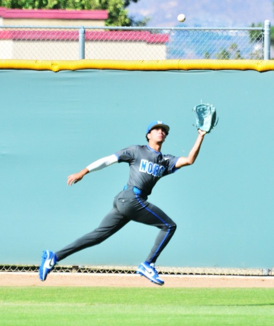 Norco outfielder Elijah Alvarez makes a diving catch against Corona during the Panthers 6 – 4 victory over the Cougars in the first of a three-game series.