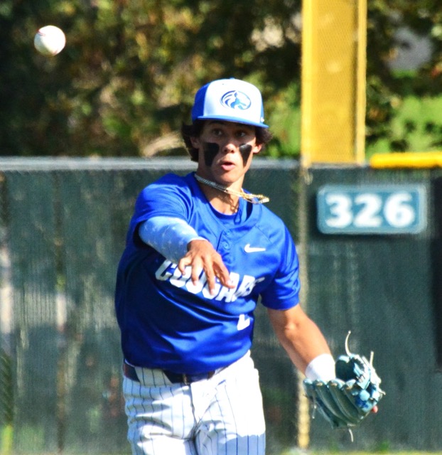 Featured Photos 05-29-2026. Norco shortstop Dylan Seward watches his throw to first for an out fly across the infield.