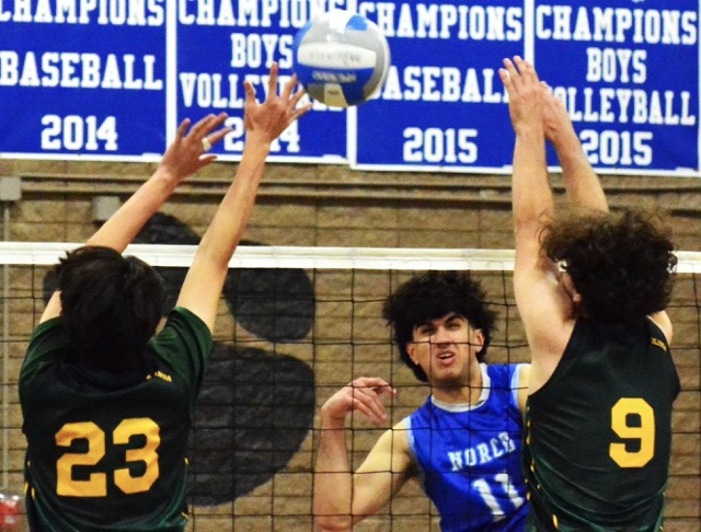 Norco’s Layne Maalona (11) gets a shot between Brea-Olinda’s Jacob Sim (23) and Ivan Haluska (9) during the second round of the CIF playoffs. The Wildcats defeated the Cougars 3 – 1.