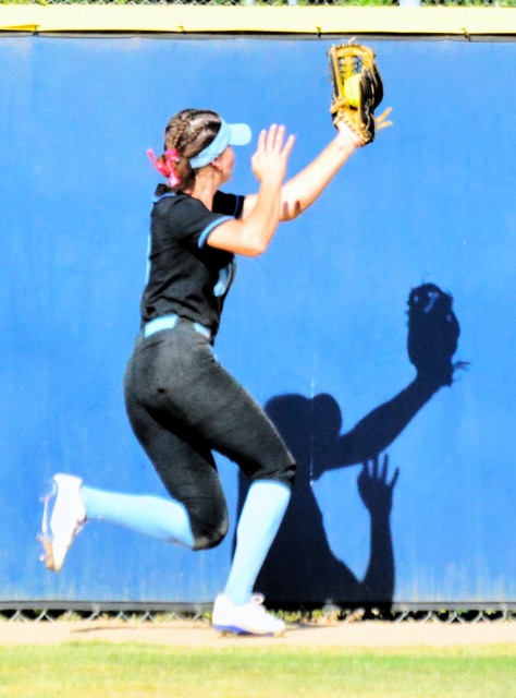 Norco’s Dillyn Eckenrod makes a catch at the wall on a line drive at the bottom of the seventh inning to preserve the Cougars 8 – 0 shut-out over Notre Dame Sherman Oaks.