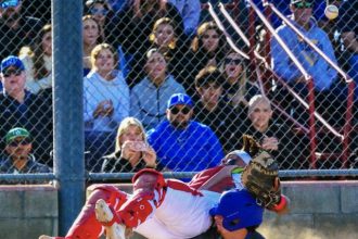 Corona catcher Jesiah Andrade gets upended by Norco runner Codey Brown as he leapt for a high throw. Brown was able to touch the plate for the score in the sixth inning. The Panthers held off a Cougar rally to win Monday 6 – 4. The Cougars evened the series with a nail-biting 9-inning 1-0 win on Wednesday. They play the series rubber game today, Friday.