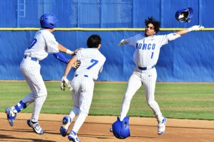 Norco’s Codey Brown (left), Zach Fielder (7), and Elijah Alvarez (1) celebrate Alvarez’s two-run single to give the Cougars a come-from-behind 8 – 7 walk-off win over Maranatha in their CIF Southern Section Division 1 pool-play game Tuesday. Norco plays at Sherman Oaks Notre Dame today (Friday). The winner advances to the quarterfinals. The loser will play in an elimination game on May 19. Corona topped Etiwanda in its D1 opener and hosts Orange Lutheran today. Etiwanda hosts Santiago.