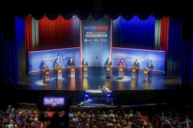 California Election Guide. Candidates for California governor stand on stage for the CBS California Gubernatorial Debate at Bridges Auditorium on the campus of Pomona College in Claremont on April 28, 2026.
Credit: Photo by Jules Hotz for CalMatters