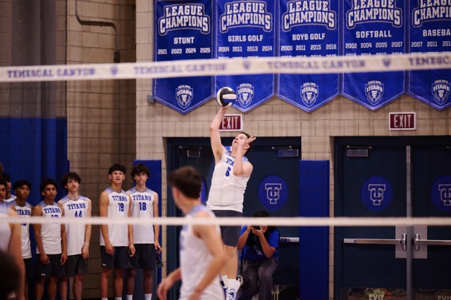 Titan setter Mason Peterson (#6) displays perfect form, lofting a high ball for his hitters during the Quarterfinal matchup. Peterson’s distribution was key to the Titans' 25-16, 25-19, 25-23 sweep of the Rangers.
