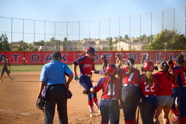 The Great Oak bench erupts after a 2 run home run to extend the lead. 