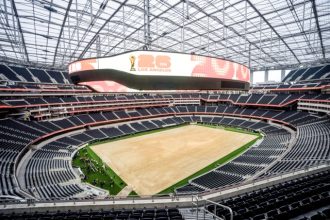 A general view shows SoFi Stadium in Inglewood, Calif., Tuesday, May 12, 2026, during a media event for the upcoming FIFA World Cup soccer tournament..  Credit: AP Photo/Jae C. Hong
