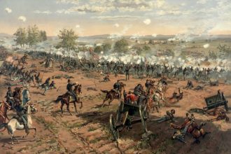 July 3. L. Prang & Co. print of the painting "Hancock at Gettysburg" by Thure de Thulstrup, showing Pickett's Charge. Restoration by Adam Cuerden.