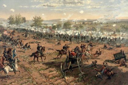 July 3. L. Prang & Co. print of the painting "Hancock at Gettysburg" by Thure de Thulstrup, showing Pickett's Charge. Restoration by Adam Cuerden.