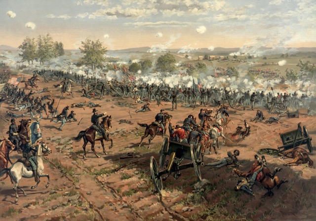 July 3. L. Prang & Co. print of the painting "Hancock at Gettysburg" by Thure de Thulstrup, showing Pickett's Charge. Restoration by Adam Cuerden.