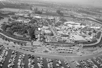 July 17. This aerial view shows Disneyland as 22,000 invited guests attend opening day festivities of the amusement park in Anaheim, Ca., on July 17, 1955. The 160-acre theme park, built on an orange grove, opened to the public July 18. Credit: AP Photo