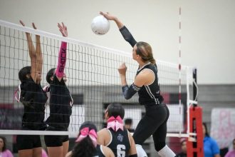 Transgender player AB Hernandez of Jurupa Valley hits the ball during a girls high school volleyball match against Norte Vista at Norte Vista High School in Riverside on Oct. 16, 2025.  Credit: Photo by Kirby Lee, Getty Images