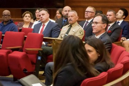 Ballot Seizure Case. Riverside County Sheriff Chad Bianco, center, sits during a hearing at the California Supreme Court in San Francisco on Aug. 24, 2026, about his seizure of more than 650,000 2025 election ballots.  Credit: Photo by Alicia Ramirez, The Riverside Record, Pool