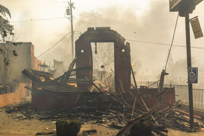 The remaining structure of a building burned from the Eaton Fire in Altadena. Jan. 8, 2025. Credit: Photo by Ted Soqui for CalMatters