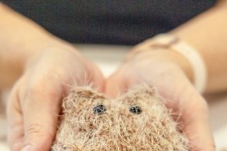 Gina Caudillo shows off her Knit Kitten during the Crafting Corner at the Menifee Library, Saturday August 8. Credit: Photo by Lisa Zambrano