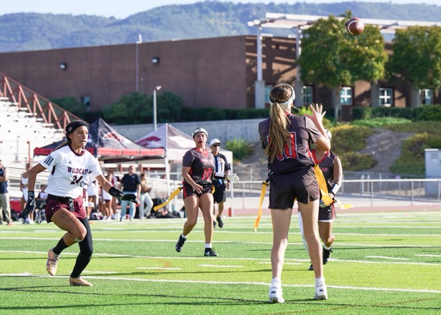 Murrieta Valley’s #40 catches a pass for a touchdown on blown coverage from the defense as she sits in between their zone 