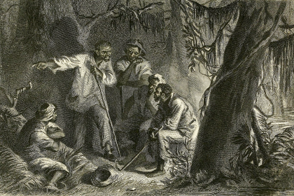 August 21. "Nat Turner & His Confederates in Conference", engraving from Orville J. Victor's History of American Conspiracies: A Record of Treason, Insurrection, Rebellion, &c. in the United States of America, From 1760 to 1860 (1863)