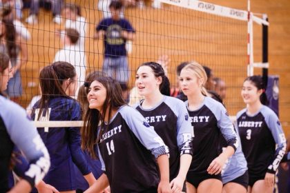 The Liberty Bison and Vista Murrieta Broncos players exchange handshakes at the net following their girls’ volleyball match at Vista Murrieta High School on August 26, 2026. Vista Murrieta won 3 matches to 1.