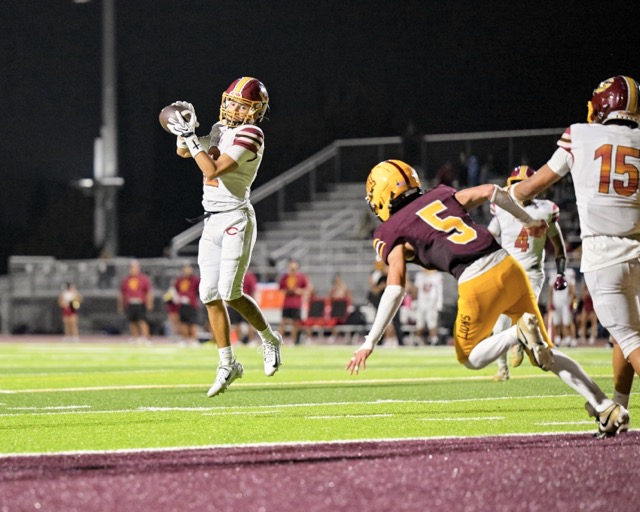 Colton Wide Receiver Jacob De La Rosa #12, catches the ball on the 2 yard line