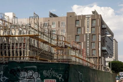 Housing construction in Little Tokyo in Los Angeles on Aug. 7, 2019.  Credit: Photo by Anne Wernikoff for CalMatters