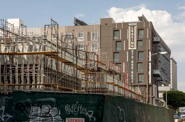 Housing construction in Little Tokyo in Los Angeles on Aug. 7, 2019. Credit: Photo by Anne Wernikoff for CalMatters