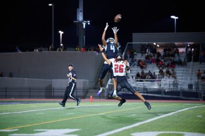 The Elsinore Tigers Defeated the Liberty Bison 47-38 Friday, September 11. Liberty’s Dominic Hall #4, rises above Elsinore’s Leelan Nededog #26 to complete a contested reception