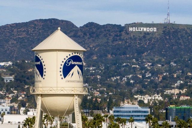 The Paramount Pictures water tower with the Hollywood sign in the distance, in Los Angeles on Dec. 18, 2025. Credit: Photo by Jae C. Hong, AP Photo