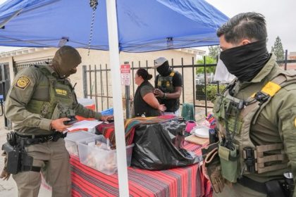Immigration Agents. A woman is detained by U.S. Border Patrol agents outside a Home Depot in Los Angeles on Aug. 15, 2025.  Credit: Photo by Gregory Bull, AP Photo