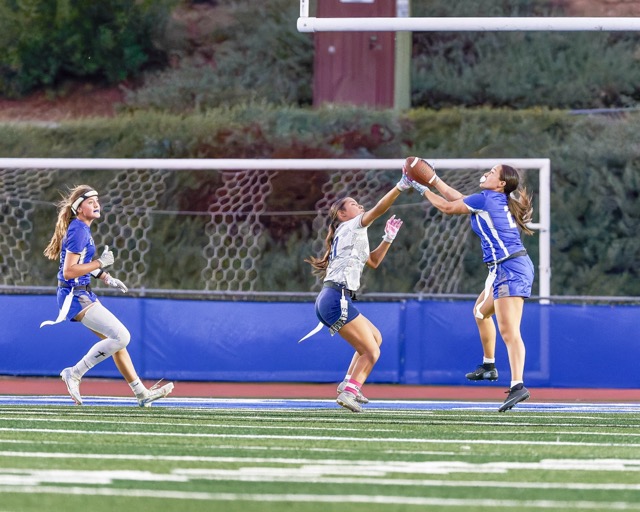 Temescal Canyon’s Courtney Medina (#2) makes a contested touchdown catch, preventing an interception. 